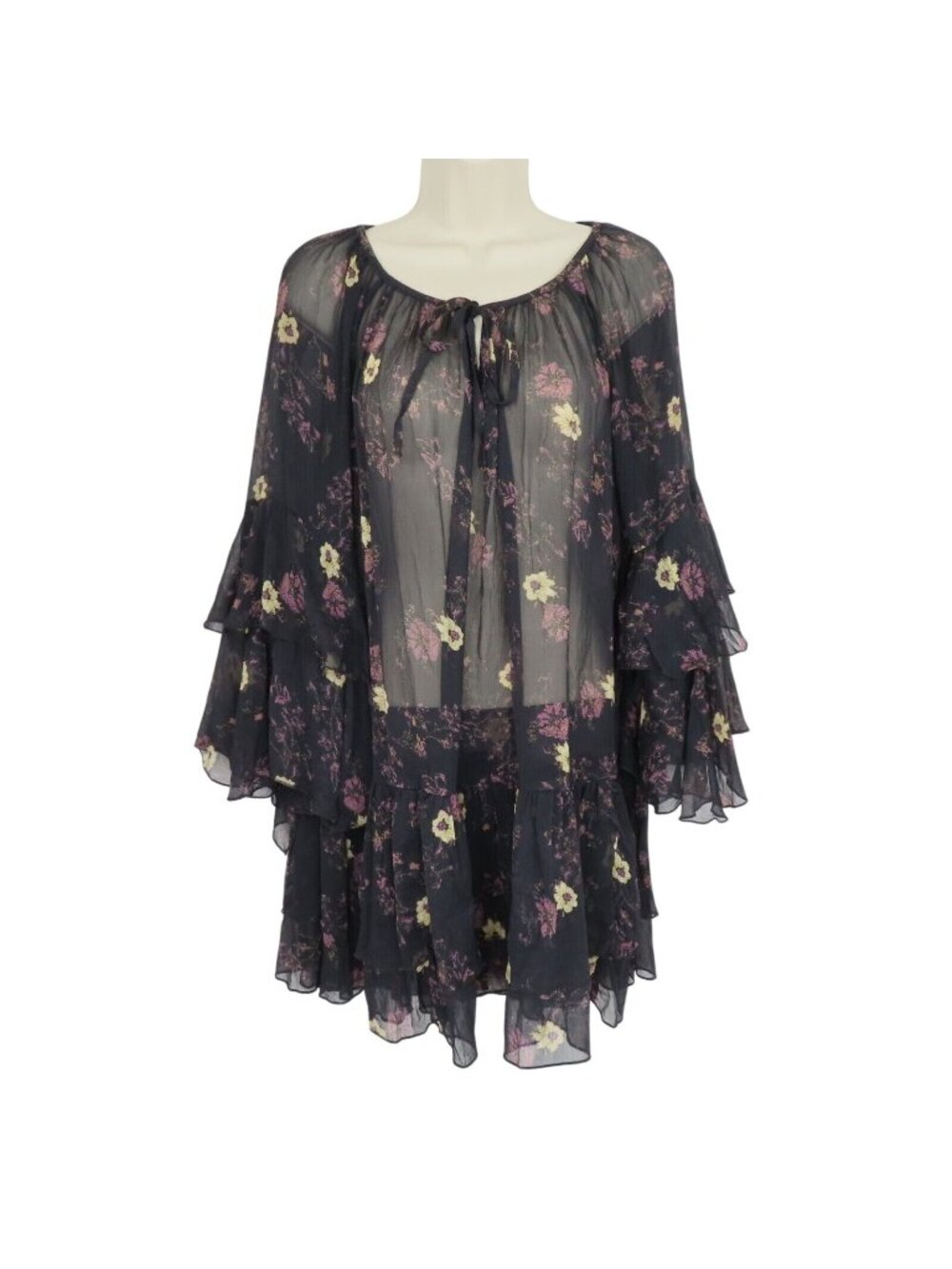 Free People Womens Small Sheer Floral Flower Long Sleeve Ruffle Blouse Shirt Top